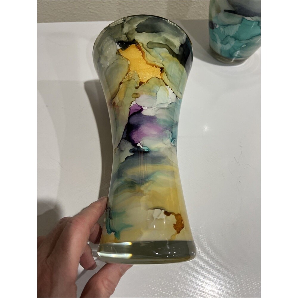 Swirl Vase Reverse Painted Watercolor Art Glass Italy Lot Of 2 Blue Purple Etc - Picture 11 of 13